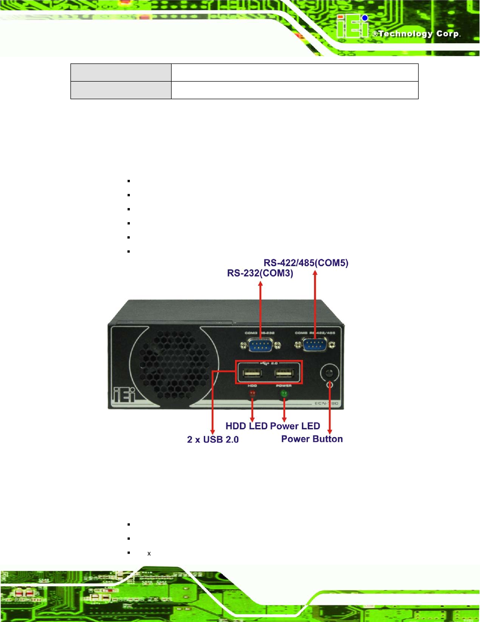 5 front panel, 6 rear panel, Ront | Anel, Figure 1-2: ecn-780-q67 front panel, Table 1-2: technical specifications | IEI Integration ECN-780-Q67 User Manual | Page 18 / 184