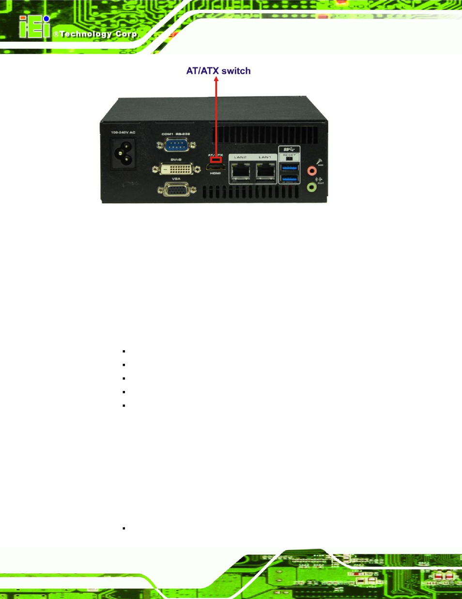 1 at power mode, 2 atx power mode, Figure 3-4: at/atx switch location | IEI Integration ECN-780-Q67 User Manual | Page 29 / 184