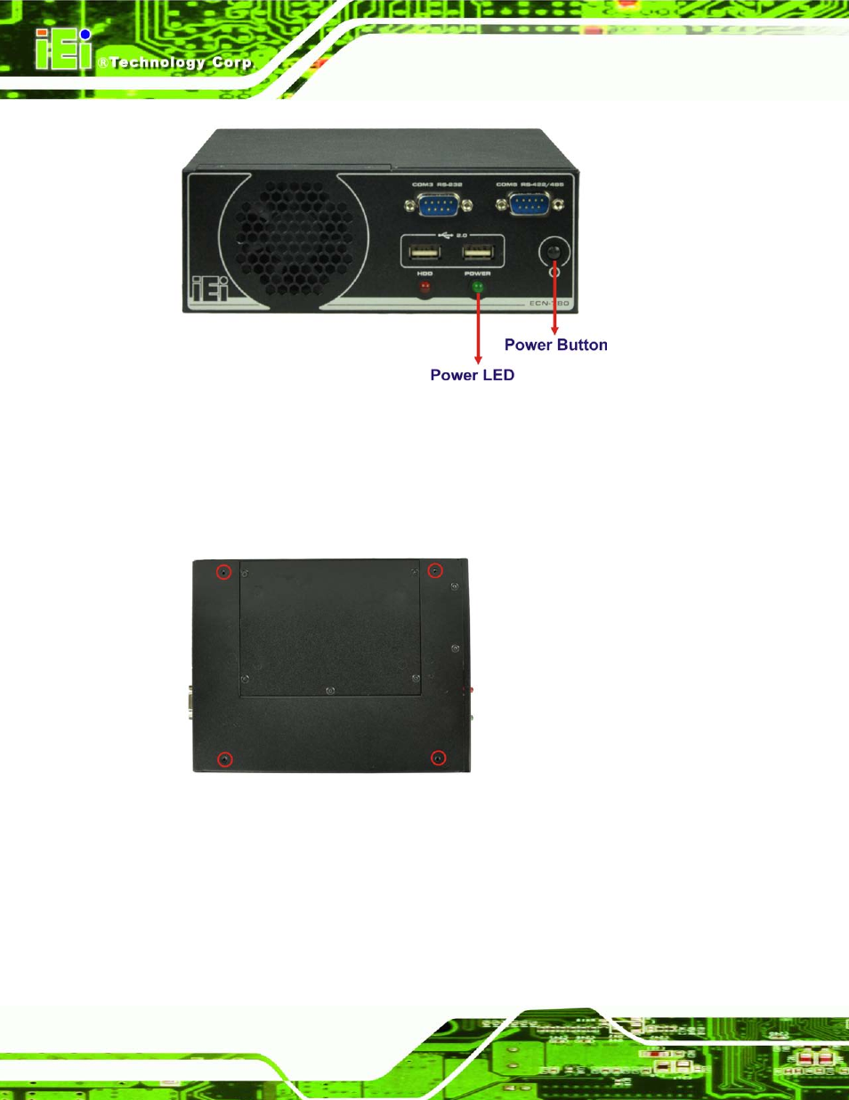 7 mount the system, 1 mounting the system with mounting brackets, Ount the | Ystem, Figure 3-6: power button location, Figure 3-7: mounting screw holes | IEI Integration ECN-780-Q67 User Manual | Page 31 / 184