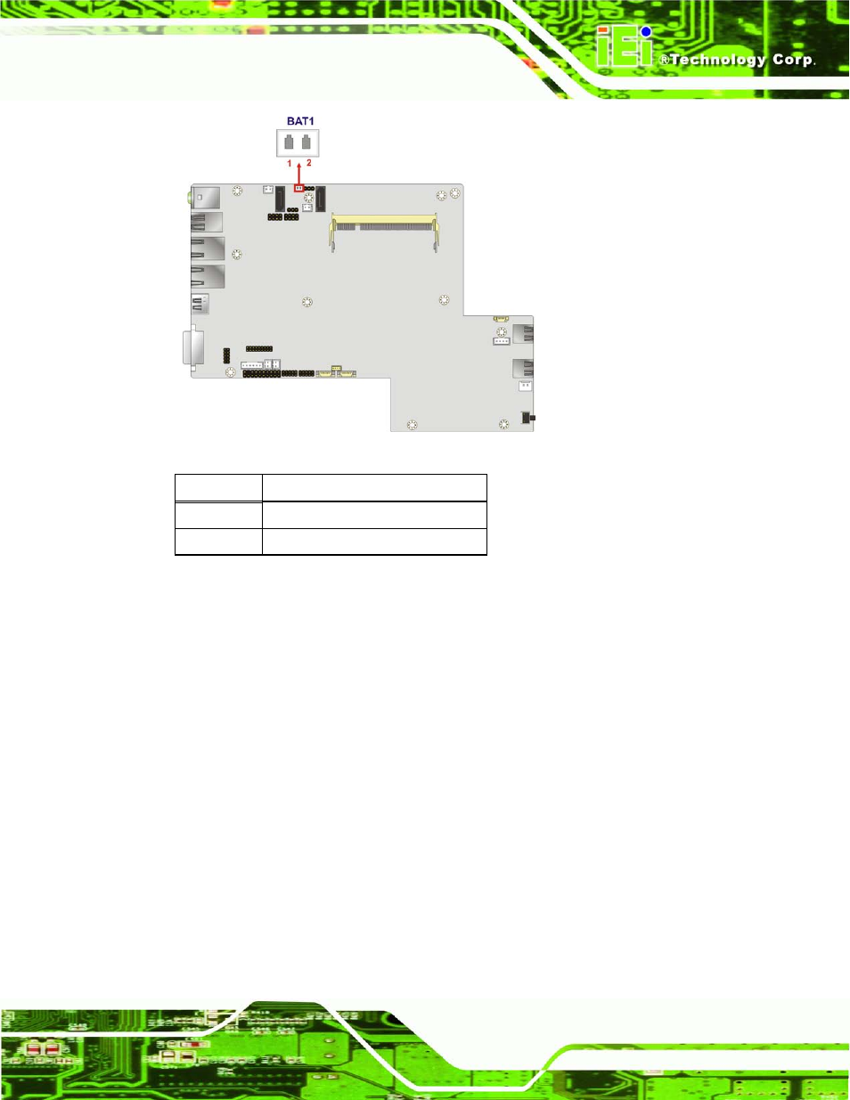 2 bios programming connector, Figure 4-5: battery connector location, Table 4-2: battery connector pinouts | IEI Integration ECN-780-Q67 User Manual | Page 48 / 184