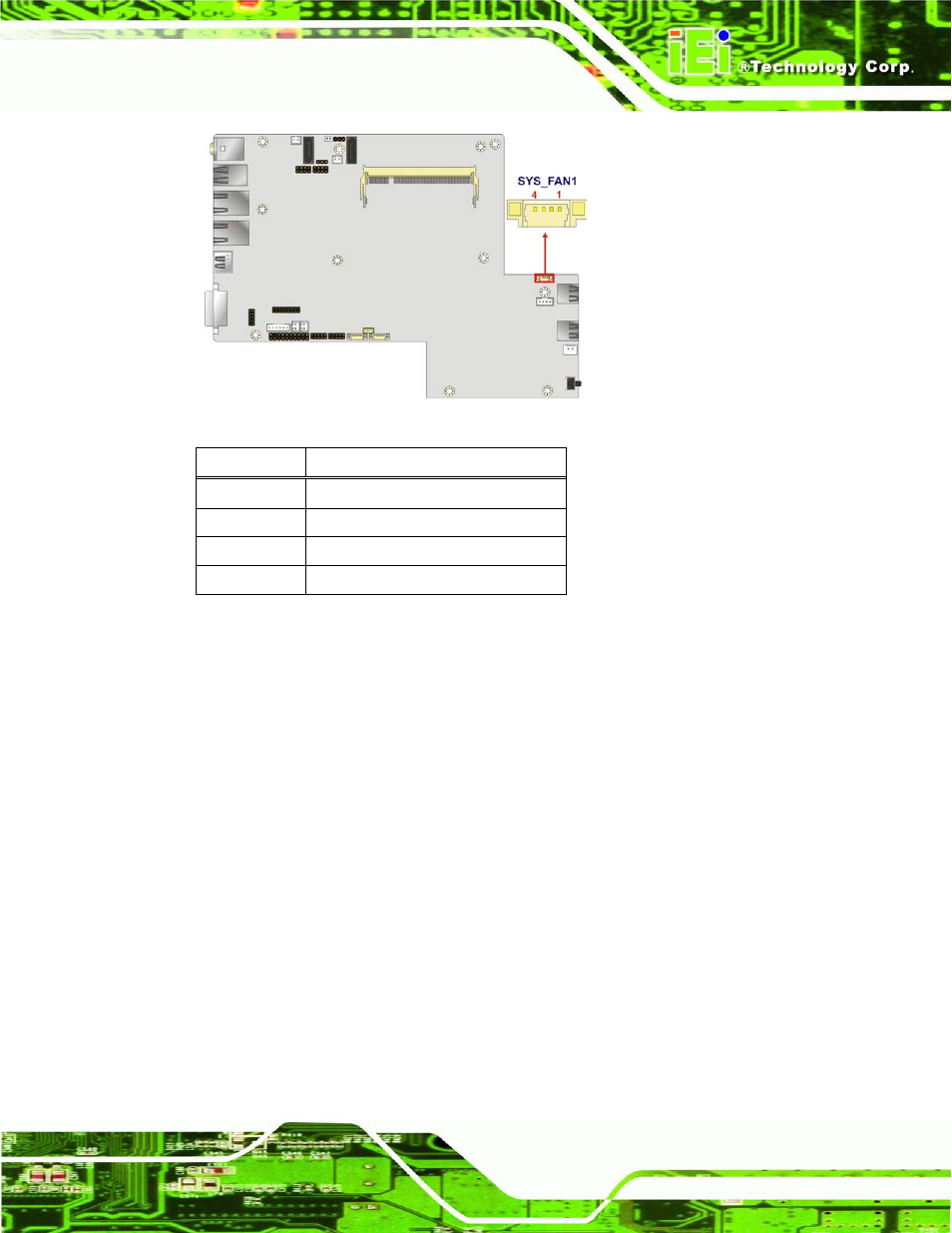 6 keyboard/mouse connector, Figure 4-9: system fan connector location, Table 4-6: system fan connector pinouts | IEI Integration ECN-780-Q67 User Manual | Page 52 / 184