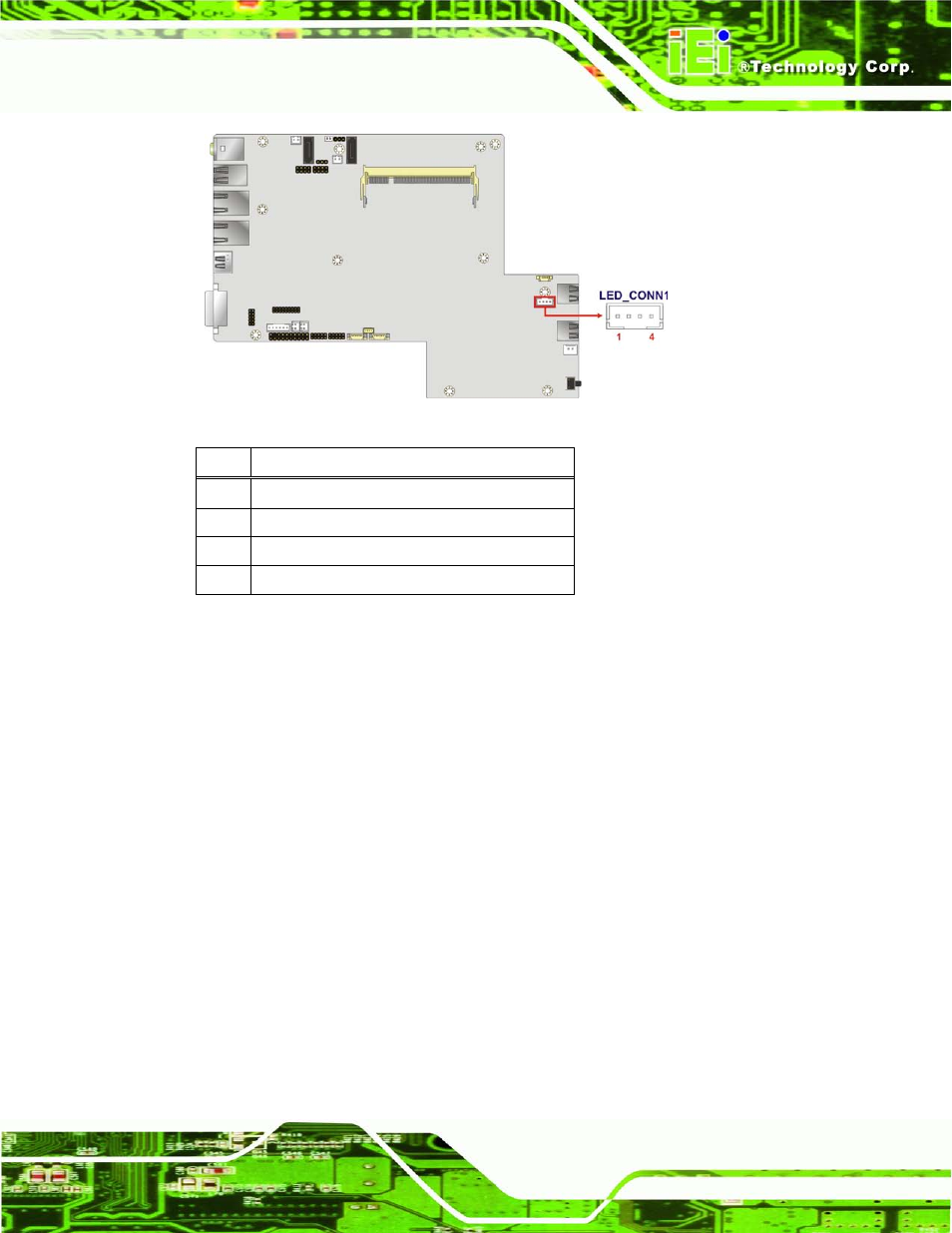 8 pcie mini card slot, Figure 4-11: led module connector location, Table 4-8: led module connector pinouts | 8 p cie min i ca rd s lo t | IEI Integration ECN-780-Q67 User Manual | Page 54 / 184