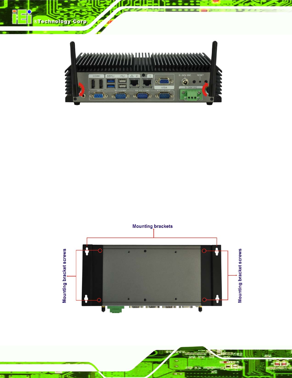 5 mounting bracket installation, Ounting, Racket | Nstallation, Figure 3-4: wi-fi antenna installation, Figure 3-5: mounting bracket retention screws, 5 mo u n tin g bra c ke t in s ta lla tio n | IEI Integration ECN-360A-HM65 User Manual | Page 29 / 154