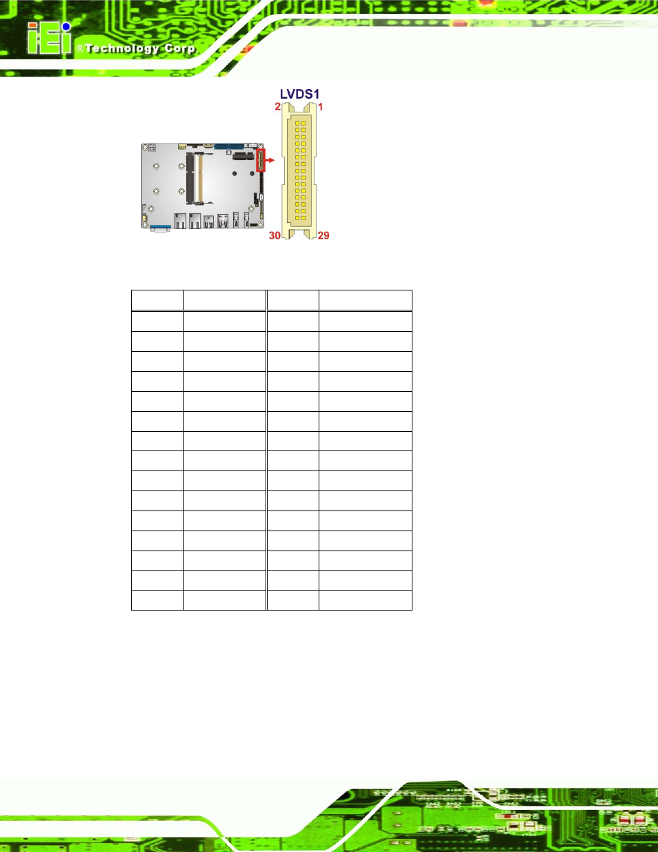11 pcie mini card slot, Figure 4-11: lvds connector location, Table 4-12: lvds connector pinouts | 11 p cie min i ca rd s lo t | IEI Integration ECN-360A-HM65 User Manual | Page 49 / 154