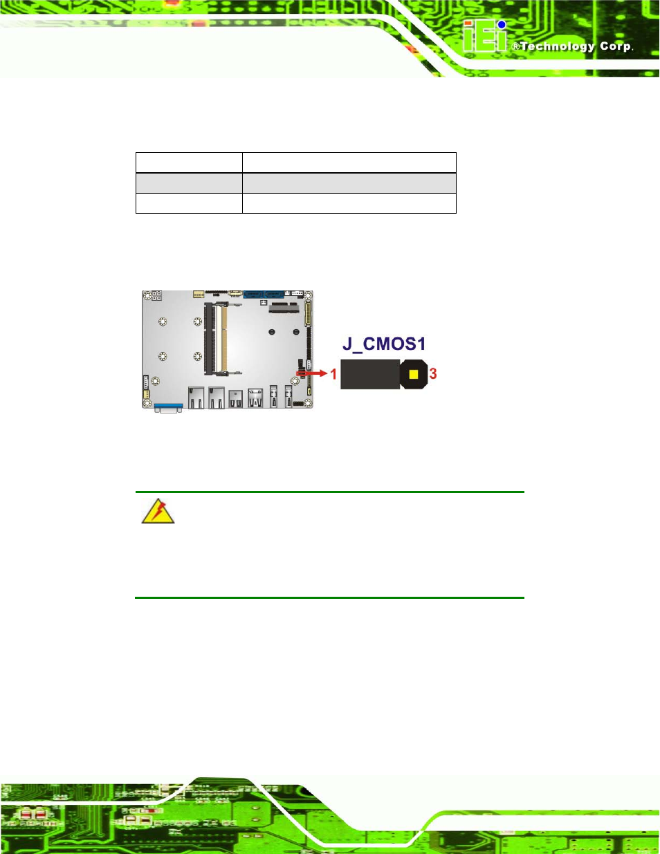 3 lvds voltage selection jumper, Figure 4-25: clear cmos jumper, Table 4-30: clear cmos jumper settings | IEI Integration ECN-360A-HM65 User Manual | Page 64 / 154