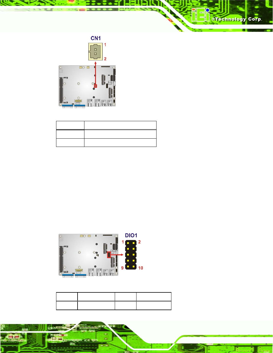 5 digital input/output (dio) connector, Figure 4-5: battery connector location, Figure 4-6: digital i/o connector location | Table 4-6: battery connector pinouts | IEI Integration ECN-360A-D2550 User Manual | Page 40 / 141