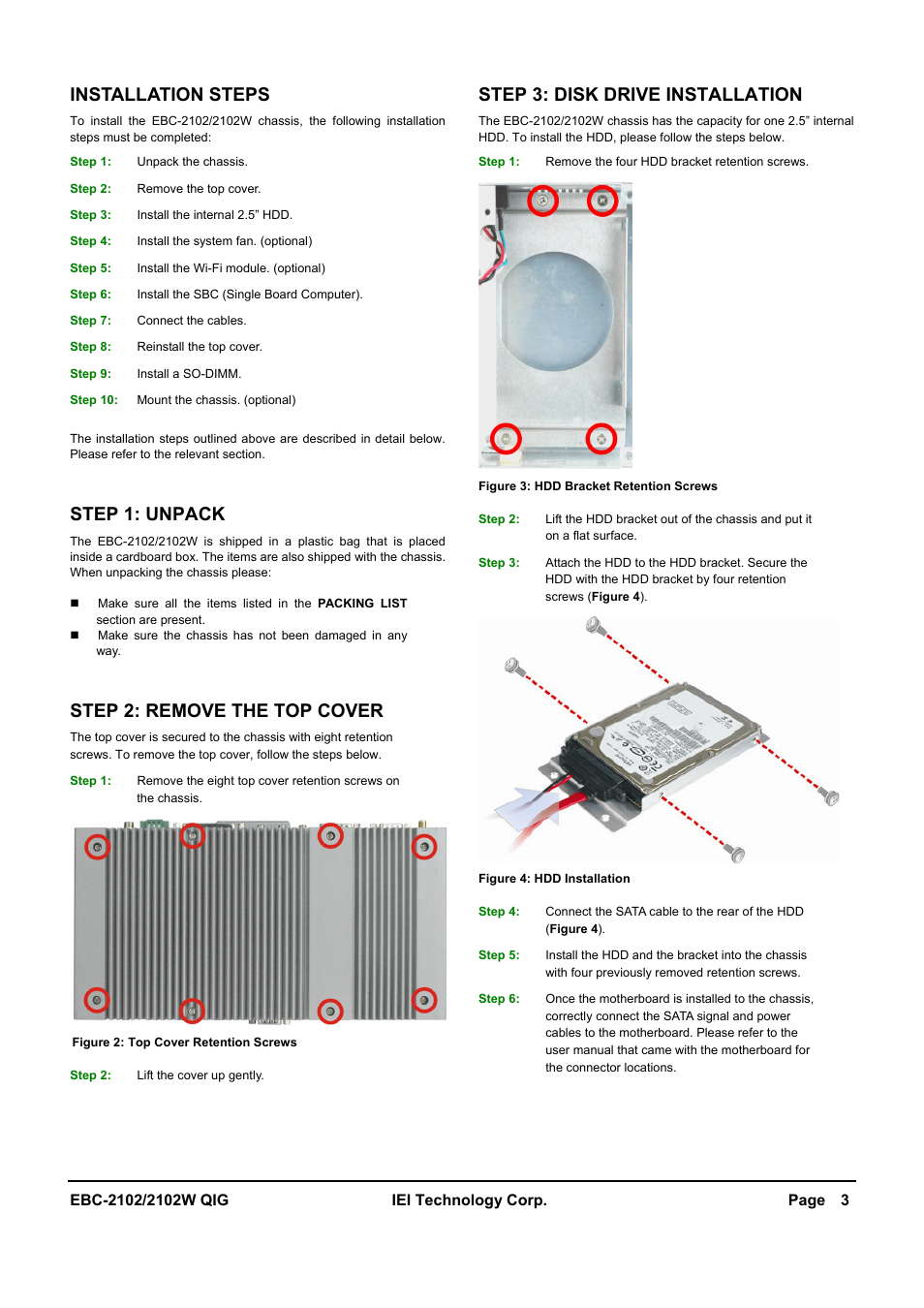 Installation steps, Step 1: unpack, Step 2: remove the top cover | Step 3: disk drive installation | IEI Integration EBC-2102 User Manual | Page 3 / 5