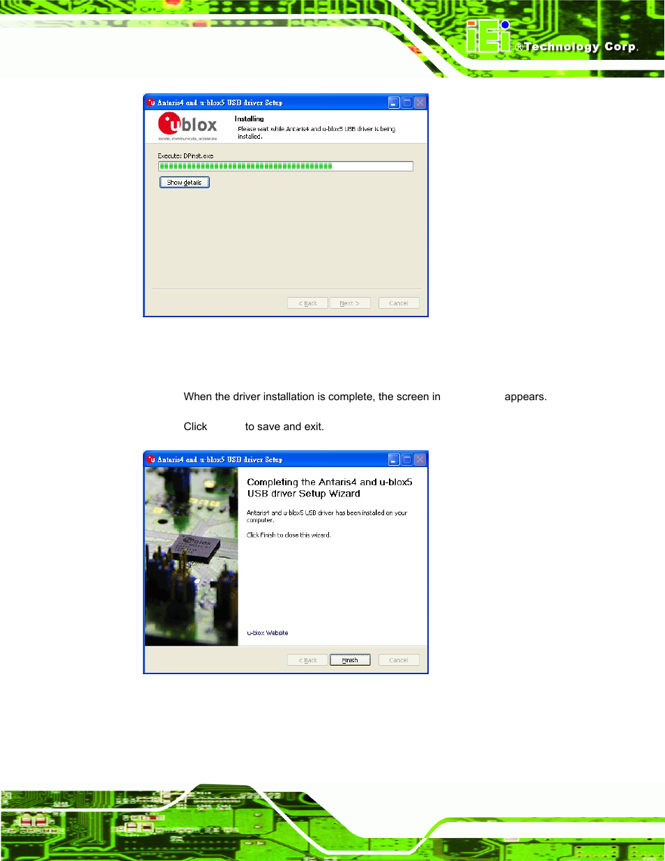 Figure 5-33: installing gps driver, Figure 5-34: gps driver installation complete | IEI Integration UPC-V312-D525 v1.02 User Manual | Page 115 / 176