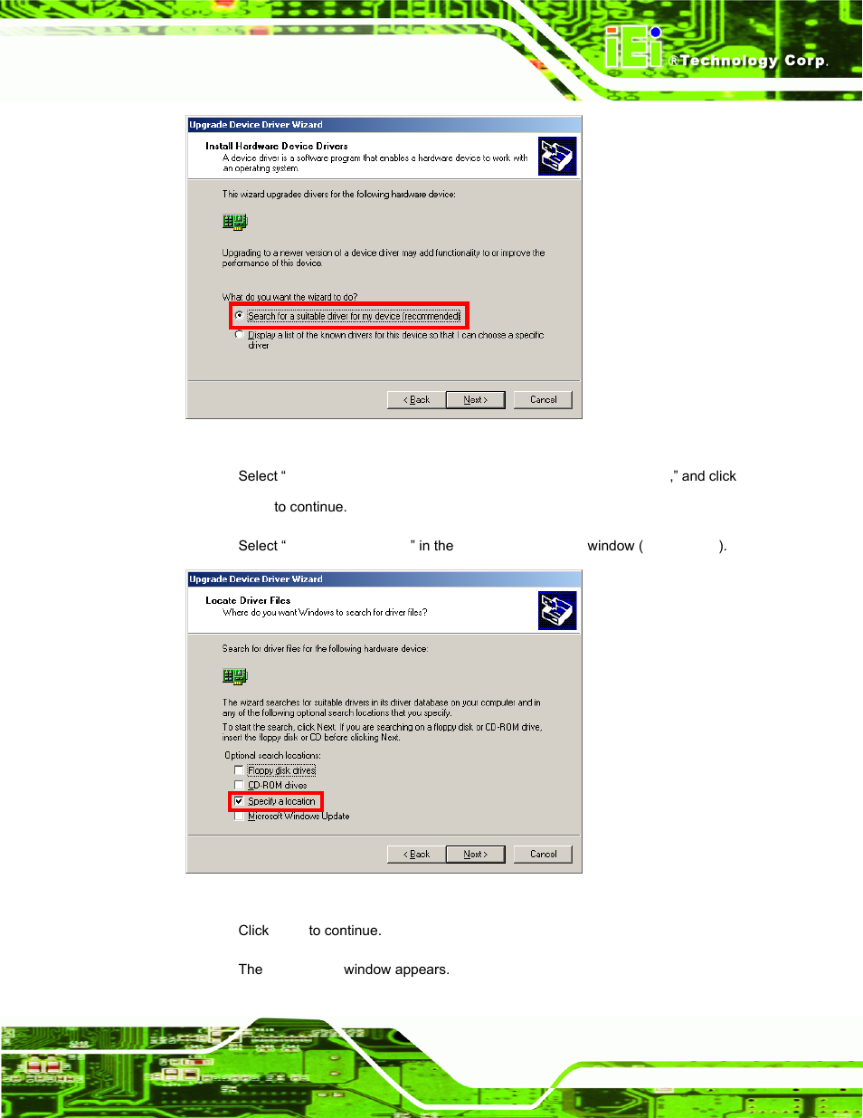 Figure 5-38: search for suitable driver, Figure 5-39: locate driver files | IEI Integration UPC-V312-D525 v1.02 User Manual | Page 119 / 176