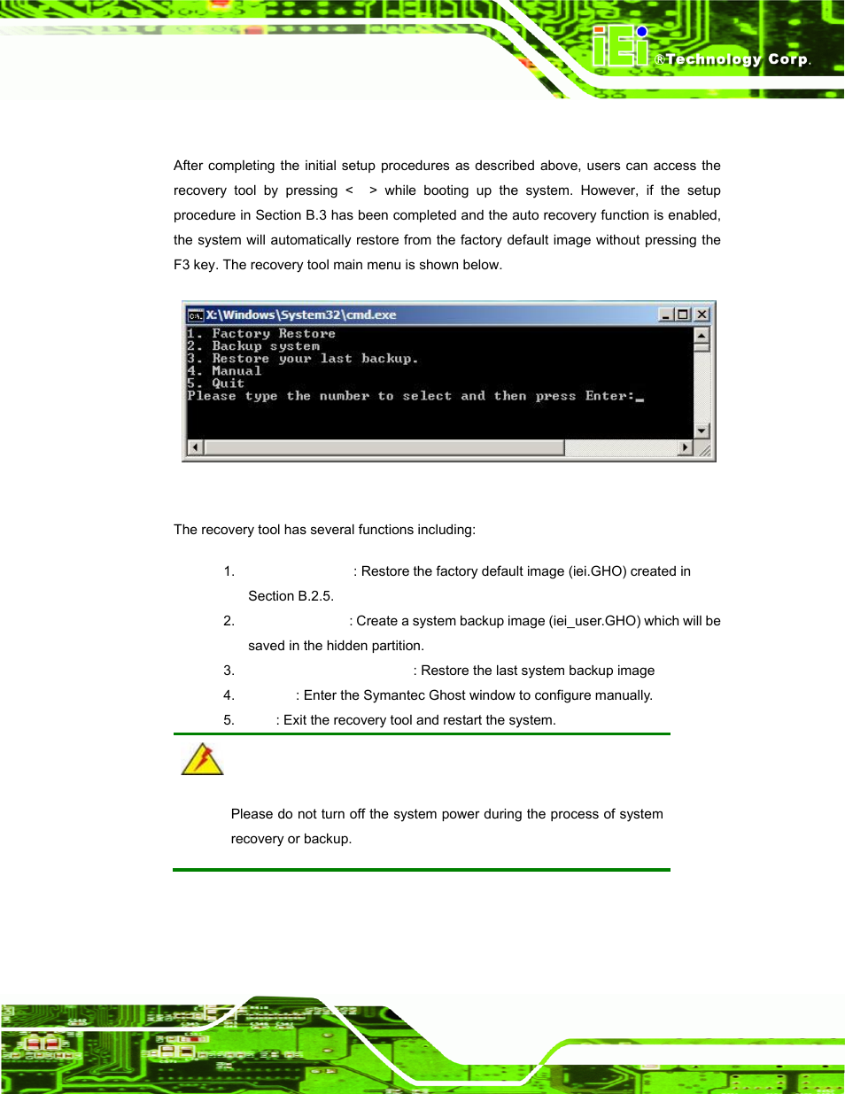 B.5 recovery tool functions, Ecovery, Unctions | Figure b-33: recovery tool main menu | IEI Integration UPC-V312-D525 v1.02 User Manual | Page 149 / 176