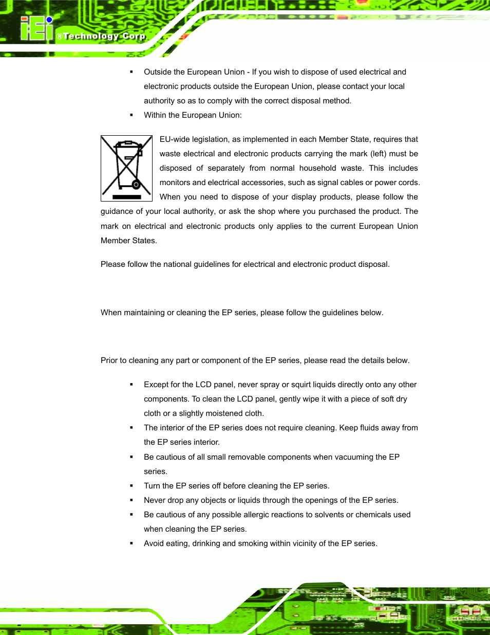C.2 maintenance and cleaning precautions, C.2.1 maintenance and cleaning, Aintenance and | Leaning, Recautions | IEI Integration UPC-V312-D525 v1.02 User Manual | Page 168 / 176