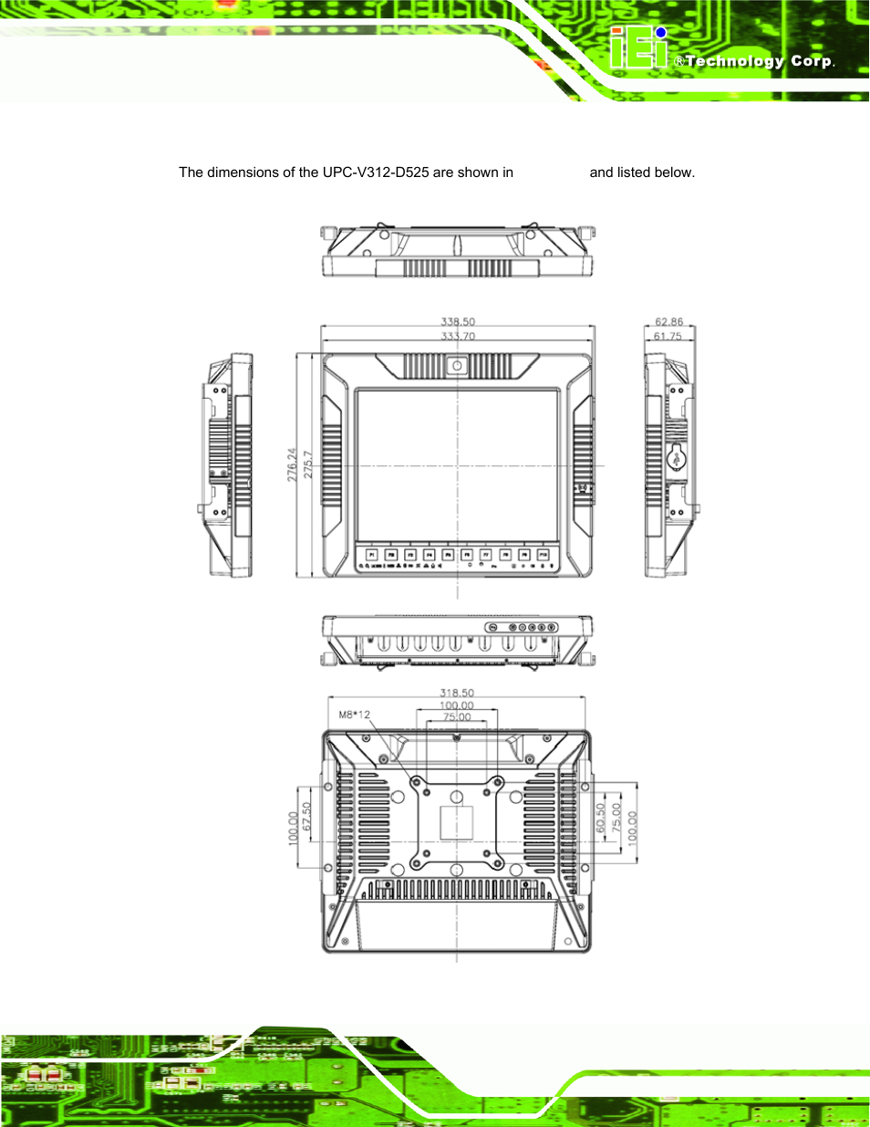5 dimensions, Imensions, Figure 1-9: upc-v312-d525 dimensions (mm) | IEI Integration UPC-V312-D525 v1.02 User Manual | Page 25 / 176