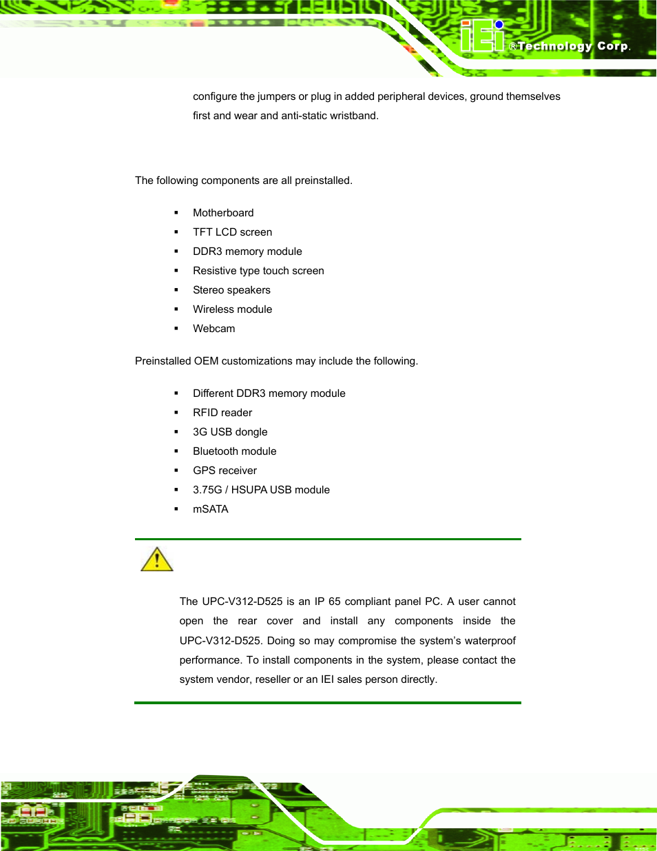 3 preinstalled components, Reinstalled, Omponents | IEI Integration UPC-V312-D525 v1.02 User Manual | Page 35 / 176