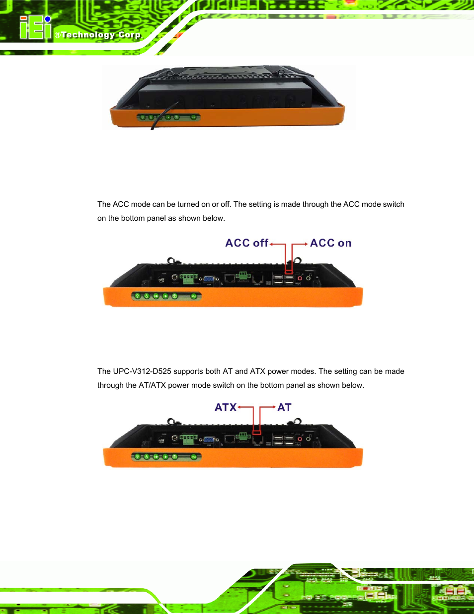 2 acc mode selection, 3 at/atx power mode selection, Figure 3-14: acc mode switch | Figure 3-15: at/atx power mode switch | IEI Integration UPC-V312-D525 v1.02 User Manual | Page 48 / 176