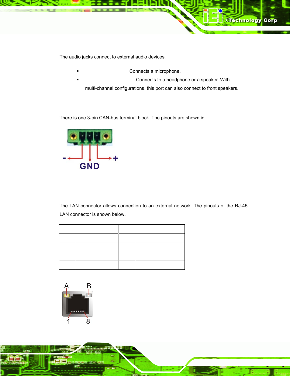 4 audio connectors, 5 can-bus terminal block, 6 lan connector | Figure 3-16: can-bus terminal block pinouts, Figure 3-17: rj-45 ethernet connector, Table 3-1: lan pinouts | IEI Integration UPC-V312-D525 v1.02 User Manual | Page 49 / 176