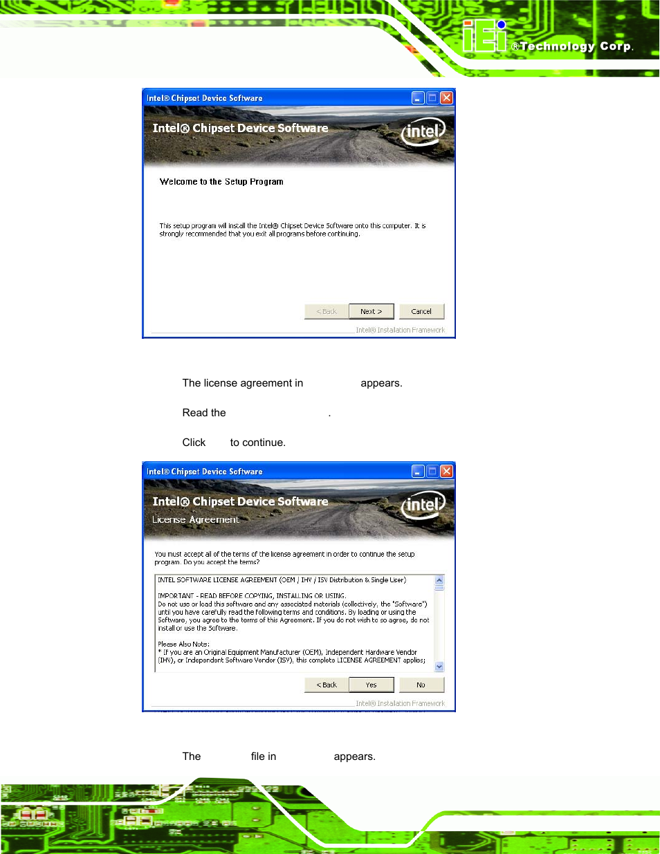 Figure 5-2: chipset driver welcome screen, Figure 5-3: chipset driver license agreement, Figure | IEI Integration UPC-V312-D525 v1.02 User Manual | Page 97 / 176