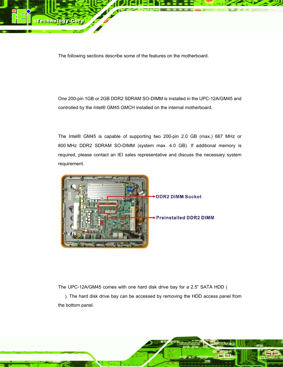 3 motherboard components, 1 memory support, 1 installed memory | 2 additional memory, 2 storage capacity | IEI Integration UPC-12AH_GM45 v1.00 User Manual | Page 28 / 147