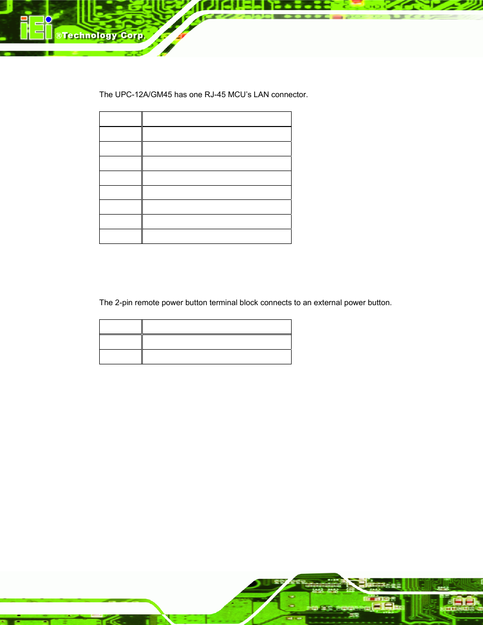 A.4 rj-45 for mcu lan connector, A.5 remote power button connector | IEI Integration UPC-12AH_GM45 v2.00 User Manual | Page 128 / 144