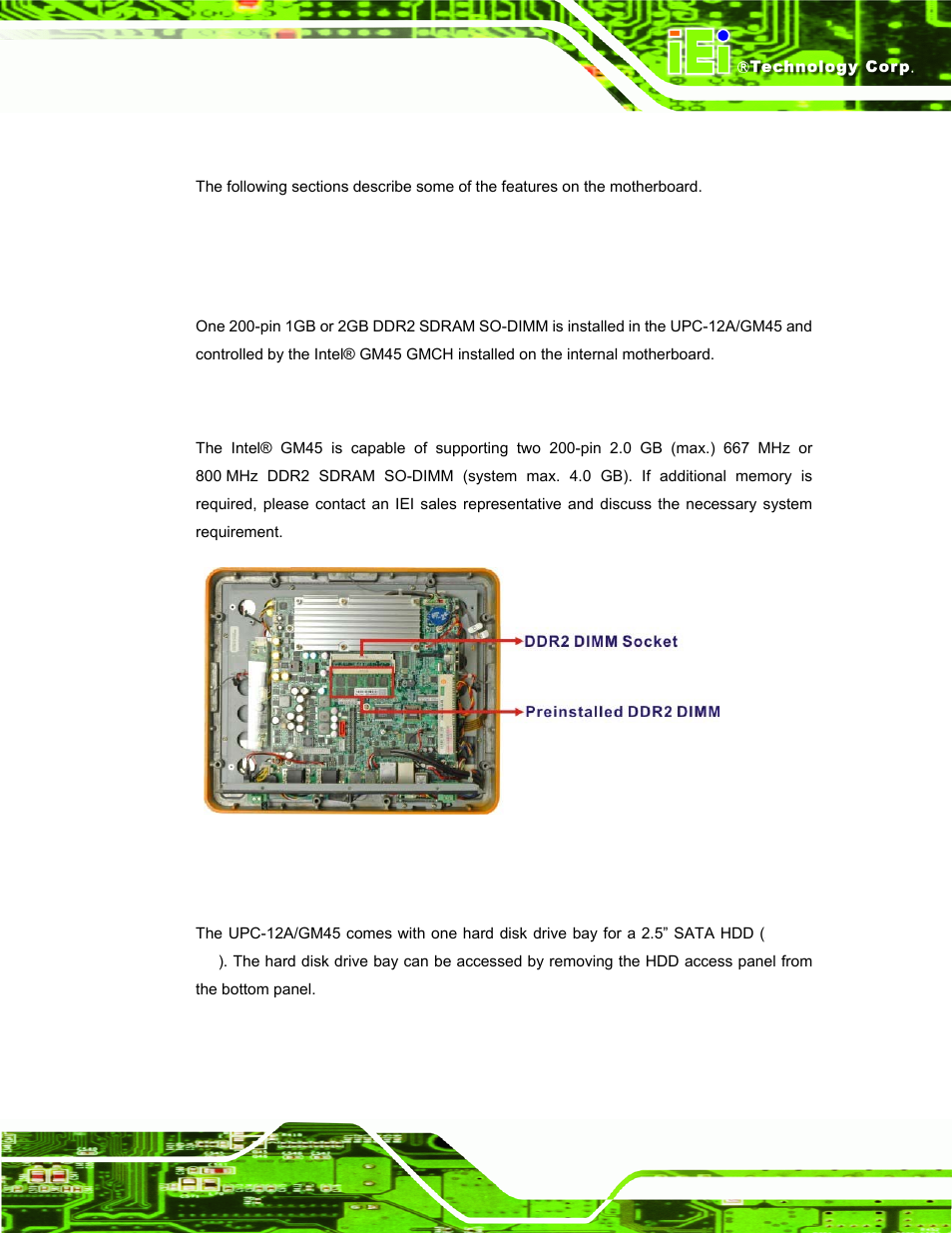 3 motherboard components, 1 memory support, 1 installed memory | 2 additional memory, 2 storage capacity | IEI Integration UPC-12AH_GM45 v2.00 User Manual | Page 27 / 144