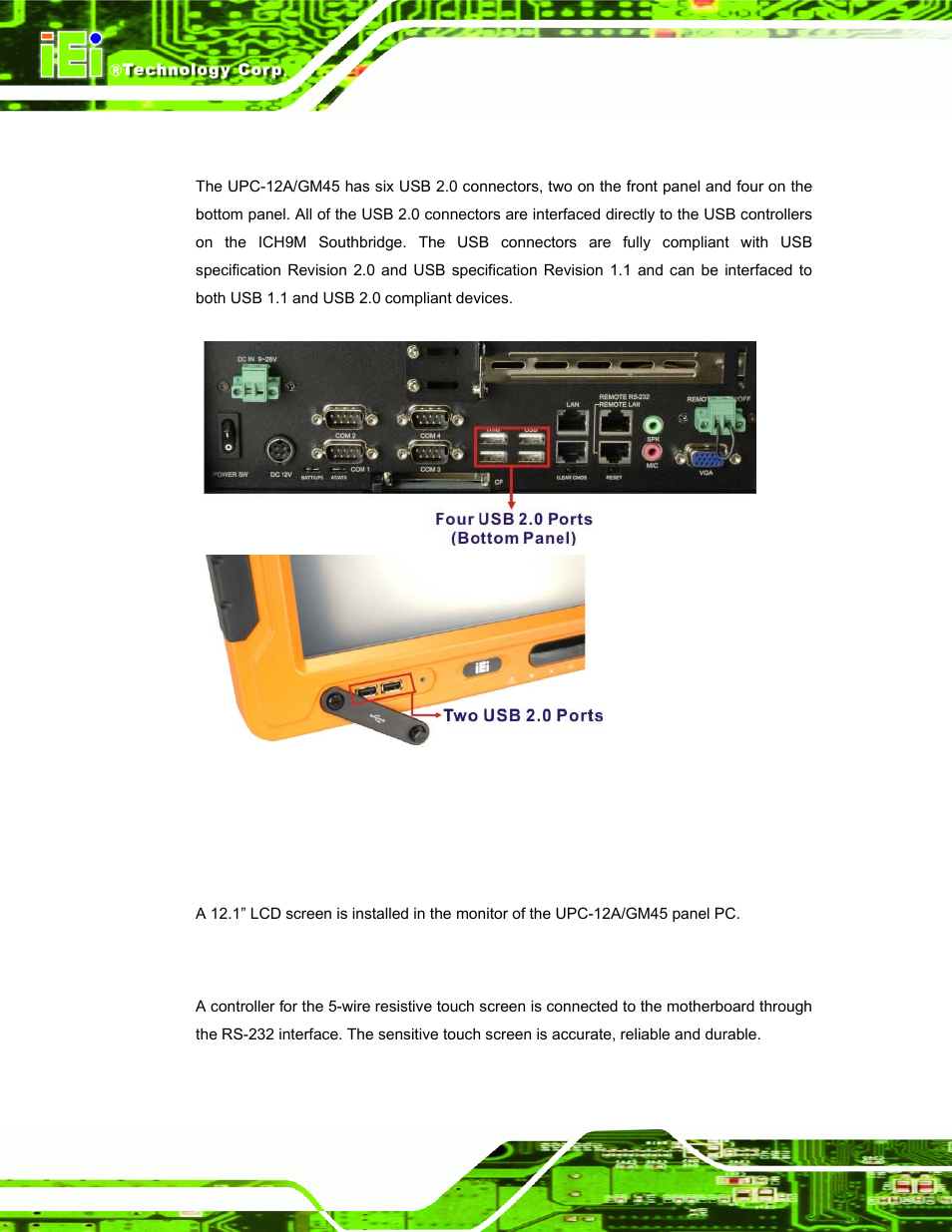 3 external usb connectors, 5 upc-12a/gm45 front side, 1 monitor | 2 touch-screen module | IEI Integration UPC-12AH_GM45 v2.00 User Manual | Page 30 / 144
