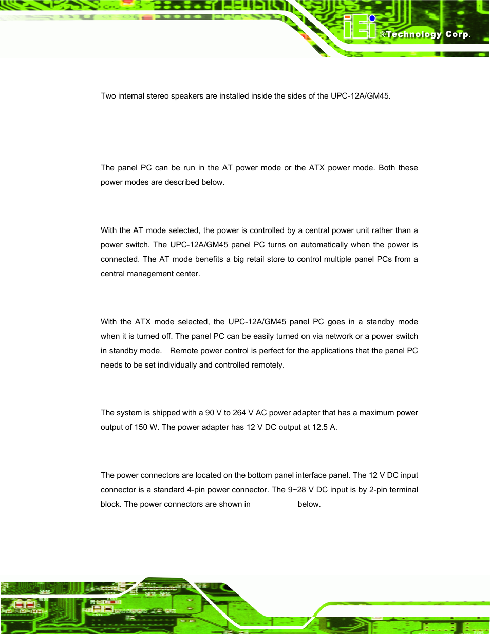 1 stereo speakers, 8 system power, 1 power mode | 1 at power mode, 2 atx power mode, 2 power adapter, 3 power connectors | IEI Integration UPC-12AH_GM45 v2.00 User Manual | Page 33 / 144