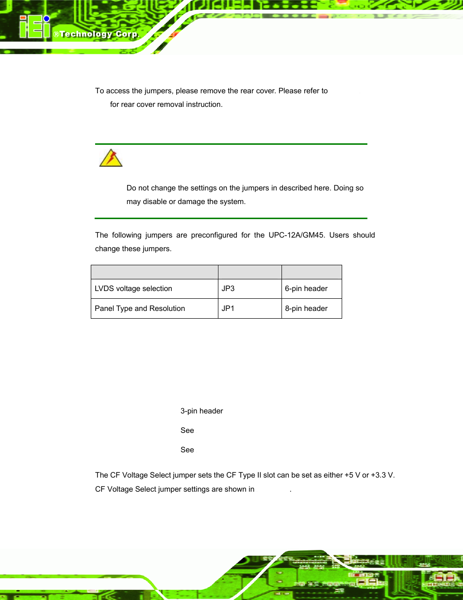 1 access the jumpers, 2 preconfigured jumpers, 3 cf voltage select | IEI Integration UPC-12AH_GM45 v2.00 User Manual | Page 52 / 144