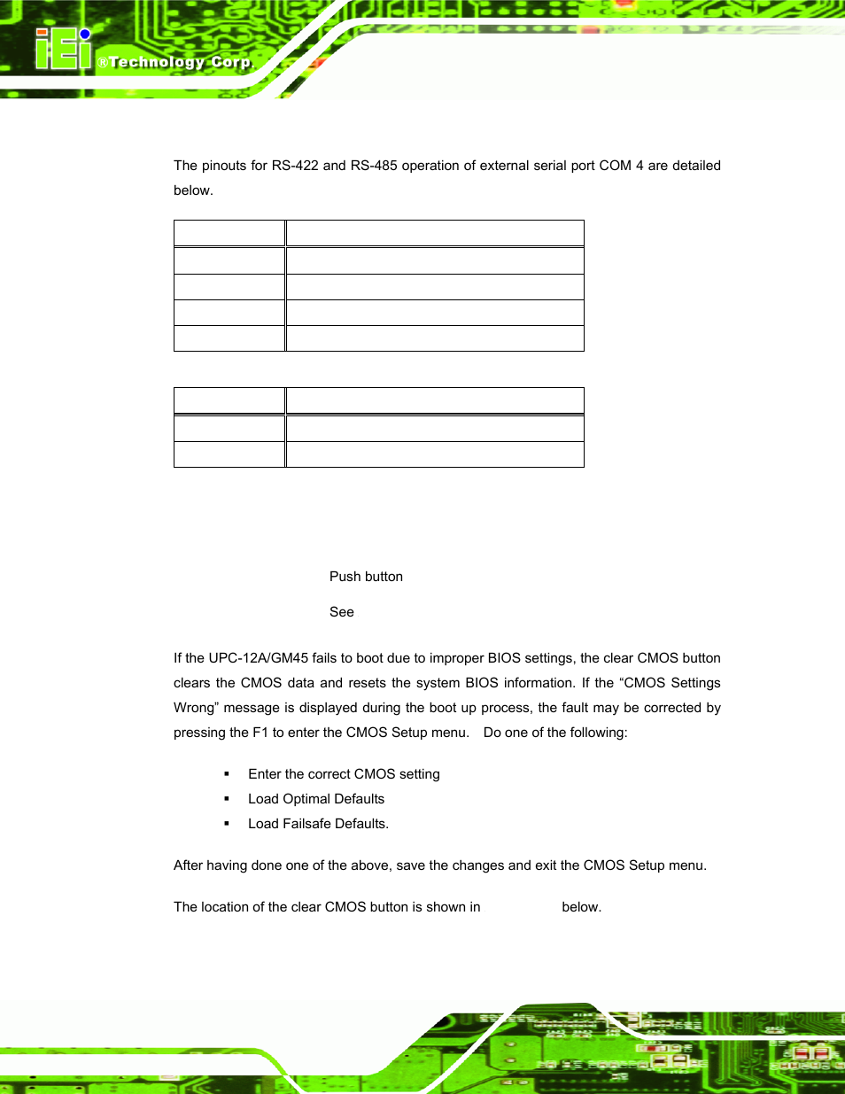1 com4 rs-422 and rs-485 pinouts, 6 clear cmos button | IEI Integration UPC-12AH_GM45 v2.00 User Manual | Page 56 / 144