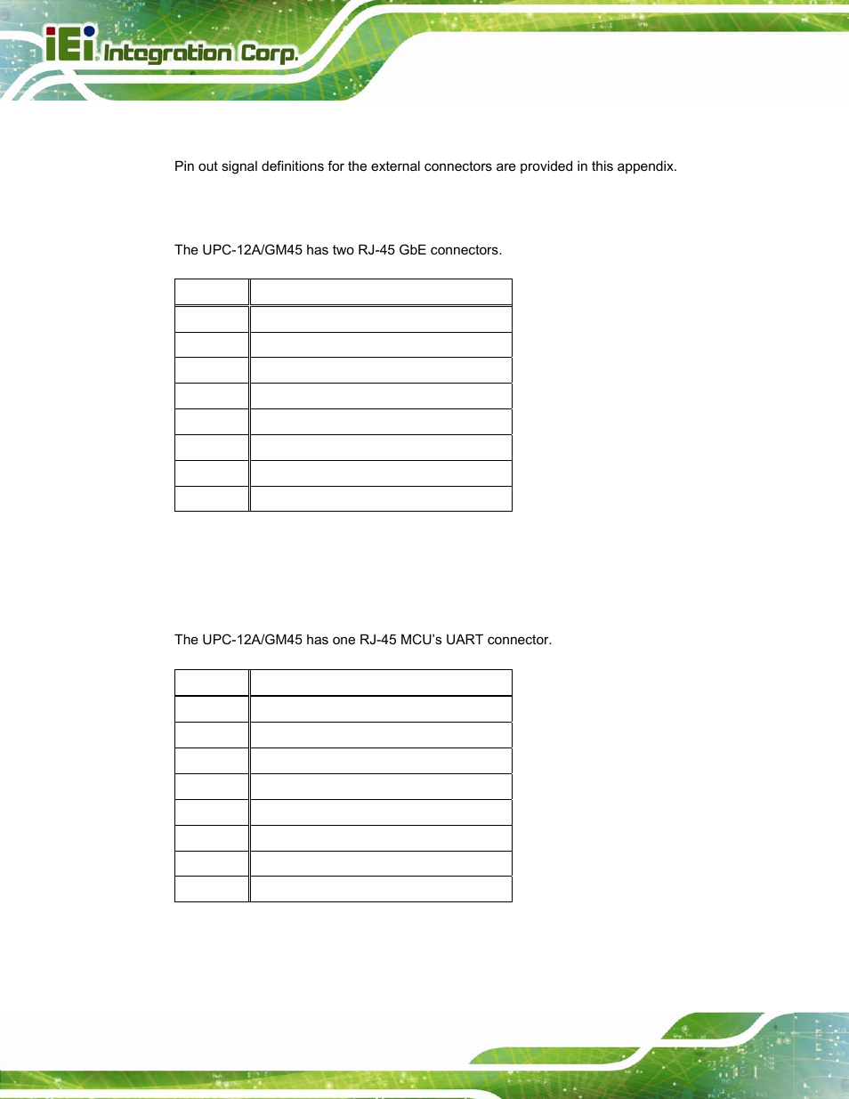 A.1 introduction, A.2 rj-45 gbe connector, A.3 rj-45 for mcu uart connector | IEI Integration UPC-12A_GM45 v2.10 User Manual | Page 128 / 145