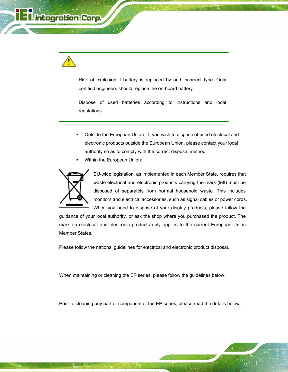 B.1.3 product disposal, B.2 maintenance and cleaning precautions, B.2.1 maintenance and cleaning | IEI Integration UPC-12A_GM45 v2.10 User Manual | Page 134 / 145
