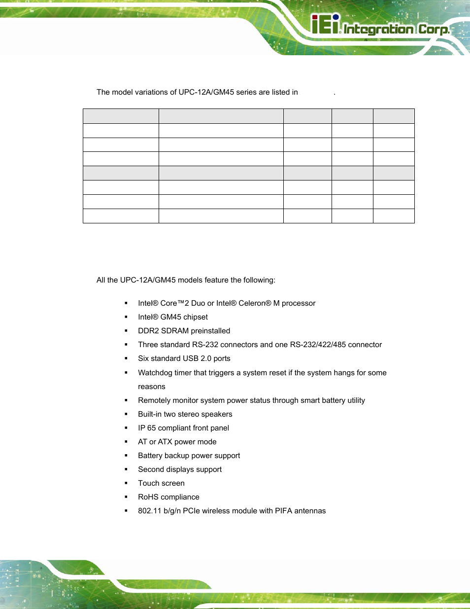 1 model variations, 2 features | IEI Integration UPC-12A_GM45 v2.10 User Manual | Page 15 / 145