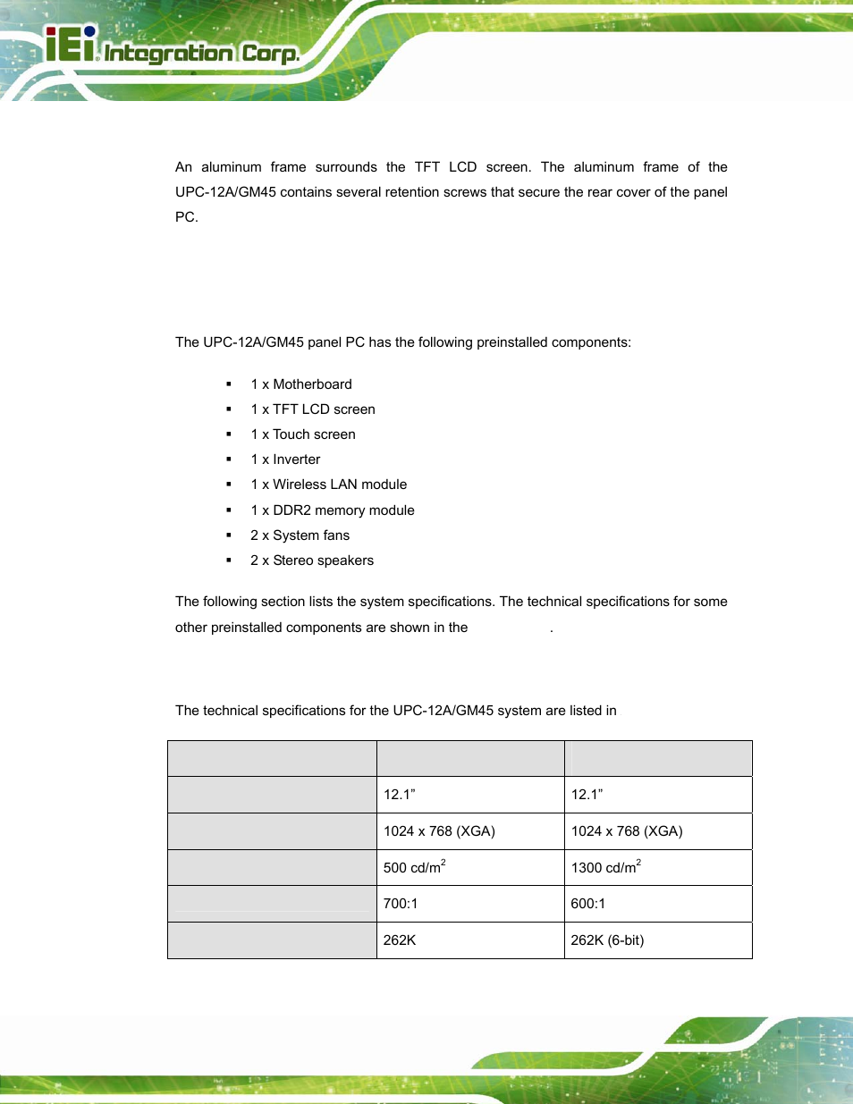 5 frame, 3 specifications, 1 preinstalled hardware components | 2 system specifications | IEI Integration UPC-12A_GM45 v2.10 User Manual | Page 20 / 145