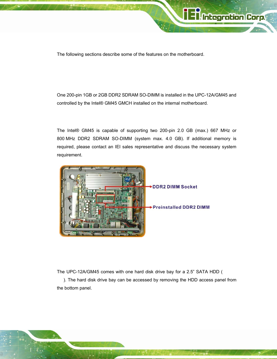 3 motherboard components, 1 memory support, 1 installed memory | 2 additional memory, 2 storage capacity | IEI Integration UPC-12A_GM45 v2.10 User Manual | Page 27 / 145