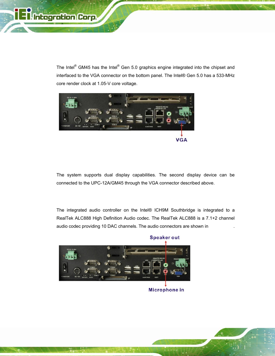 6 graphics, 1 intel® gm45 integrated graphics engine, 2 dual-display | 7 audio | IEI Integration UPC-12A_GM45 v2.10 User Manual | Page 32 / 145