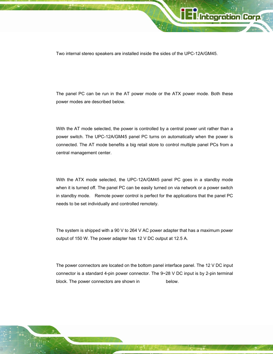 1 stereo speakers, 8 system power, 1 power mode | 1 at power mode, 2 atx power mode, 2 power adapter, 3 power connectors | IEI Integration UPC-12A_GM45 v2.10 User Manual | Page 33 / 145