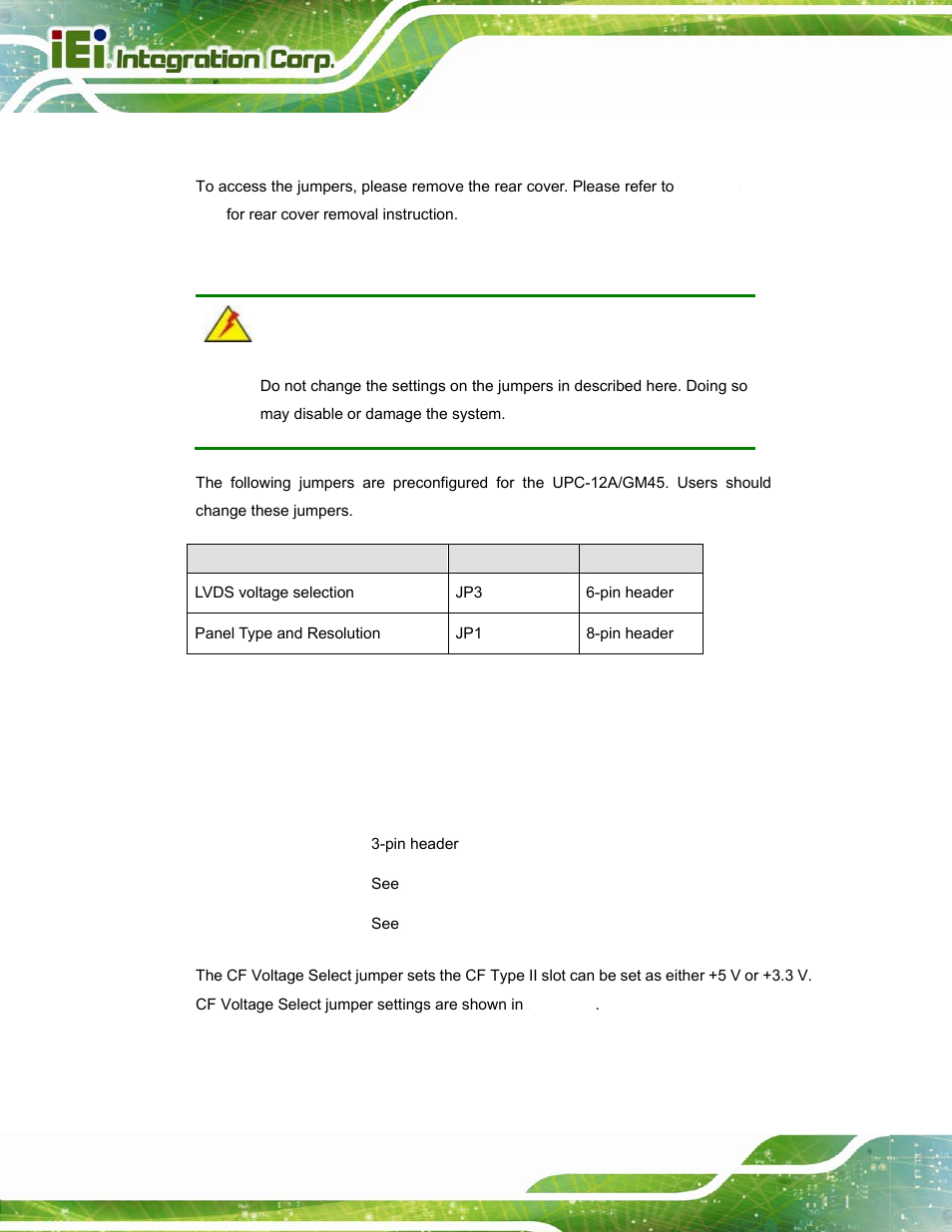 1 access the jumpers, 2 preconfigured jumpers, 3 cf voltage select | IEI Integration UPC-12A_GM45 v2.10 User Manual | Page 52 / 145