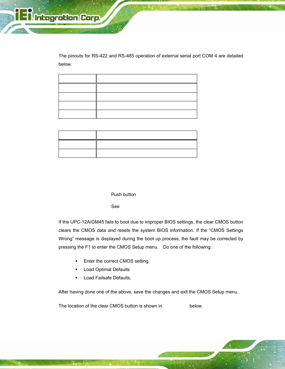 1 com4 rs-422 and rs-485 pinouts, 6 clear cmos button | IEI Integration UPC-12A_GM45 v2.10 User Manual | Page 56 / 145