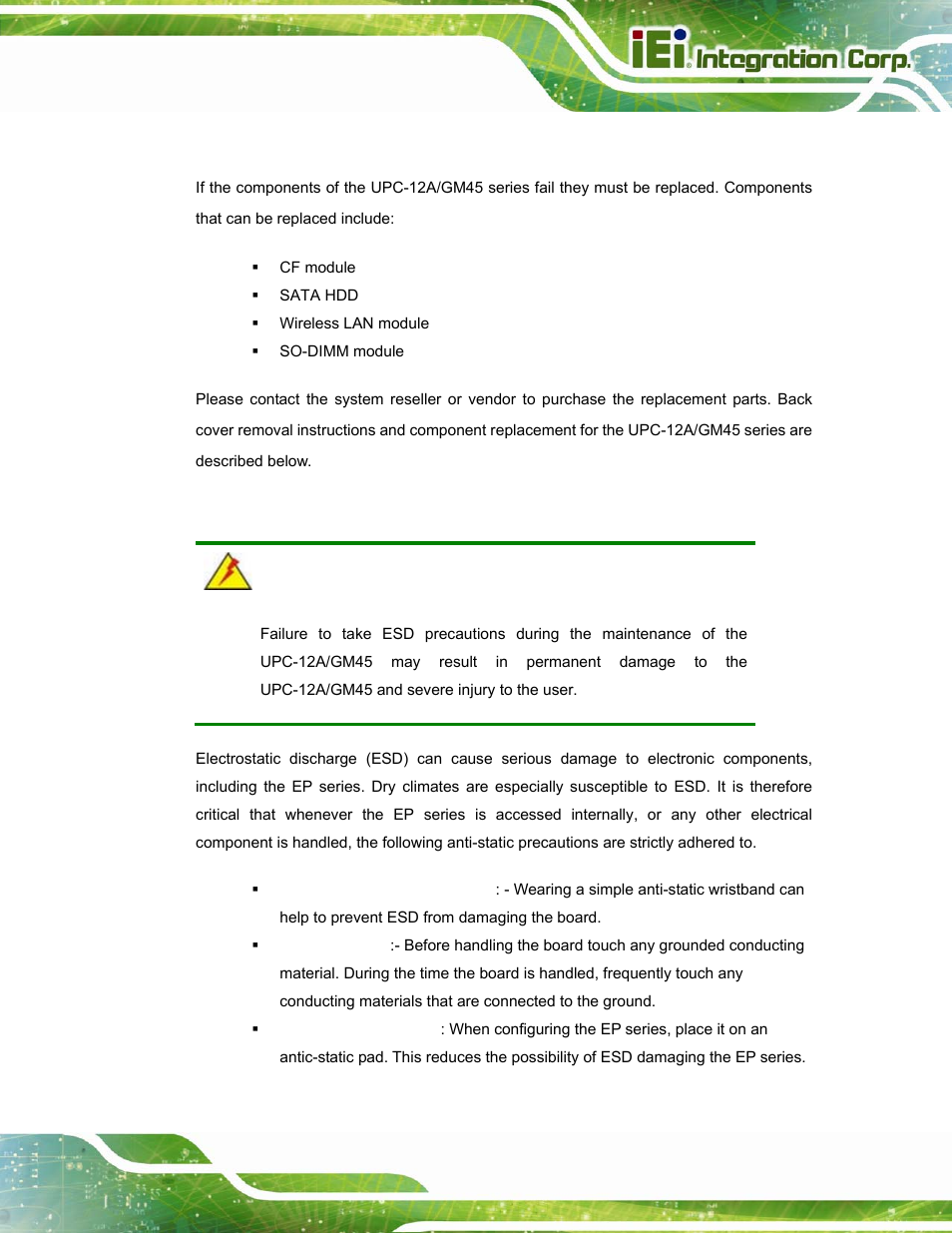 1 system maintenance introduction, 2 anti-static precautions | IEI Integration UPC-12A_GM45 v2.10 User Manual | Page 69 / 145