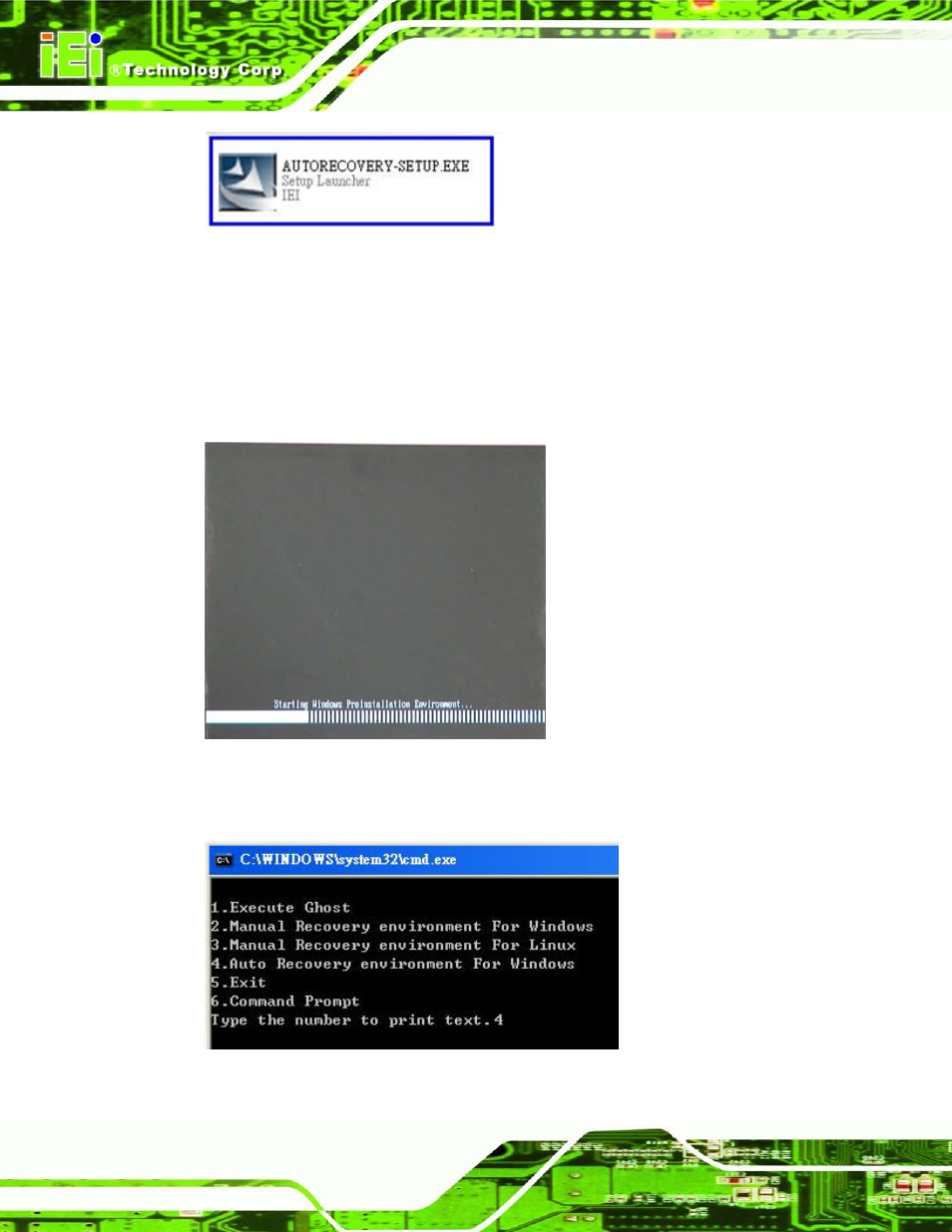 Figure b-22: auto recovery utility, Figure b-23: launching the recovery tool, Figure b-24: auto recovery environment for windows | IEI Integration UPC-V315-NM70 User Manual | Page 117 / 148