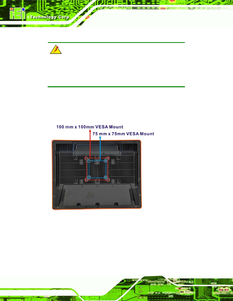 6 mounting the system, Ounting the, Ystem | Figure 3-7: vesa mount retention screw holes, 6 mo u n tin g th e s ys te m | IEI Integration UPC-V315-NM70 User Manual | Page 35 / 148