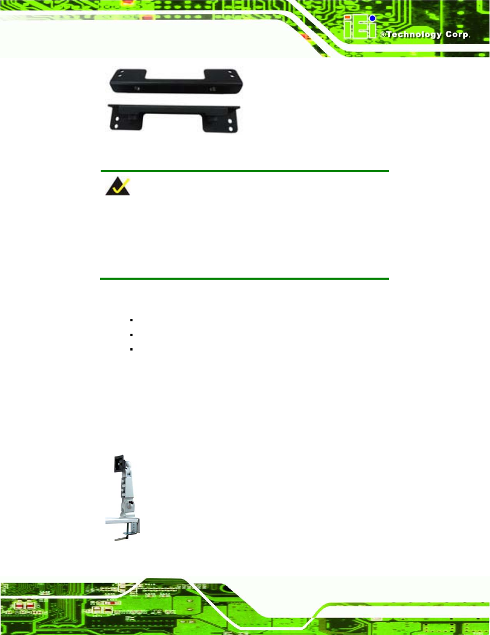 1 arm mounting, Figure 3-8: mounting brackets (side panels), Figure 3-9: vesa compliant arm | IEI Integration UPC-V315-NM70 User Manual | Page 36 / 148