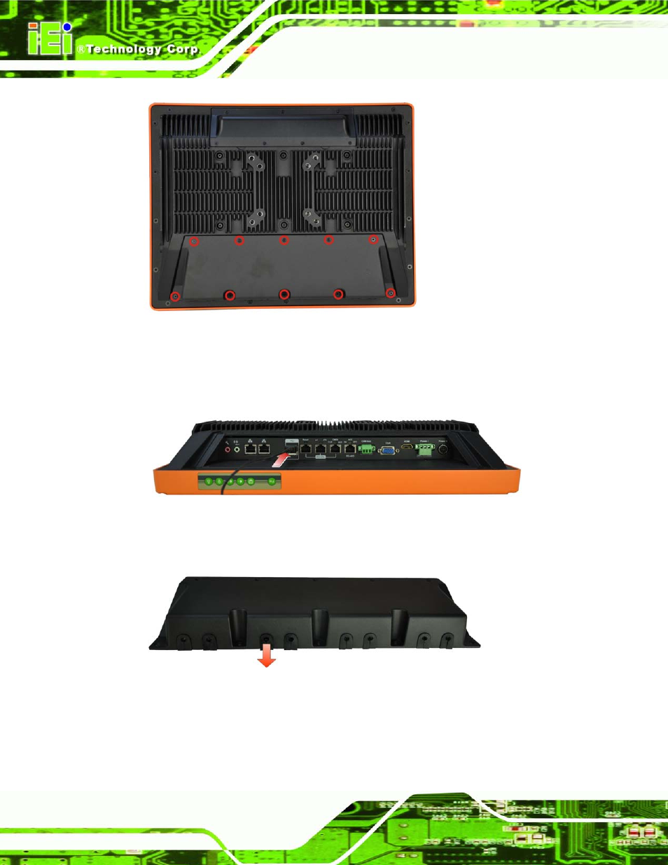 Figure 3-14: i/o cover retention screws, Figure 3-15: external peripheral device connection, Figure 3-16: rubber gasket removal | IEI Integration UPC-V315-NM70 User Manual | Page 41 / 148