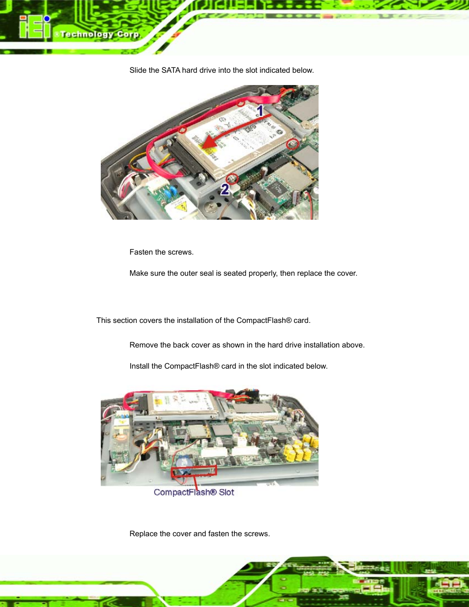 3 compactflash® installation, Ompact, Lash | Nstallation, Figure 3–3: hdd installation, Figure 3–4: compactflash® install | IEI Integration S12A v1.12 User Manual | Page 26 / 110