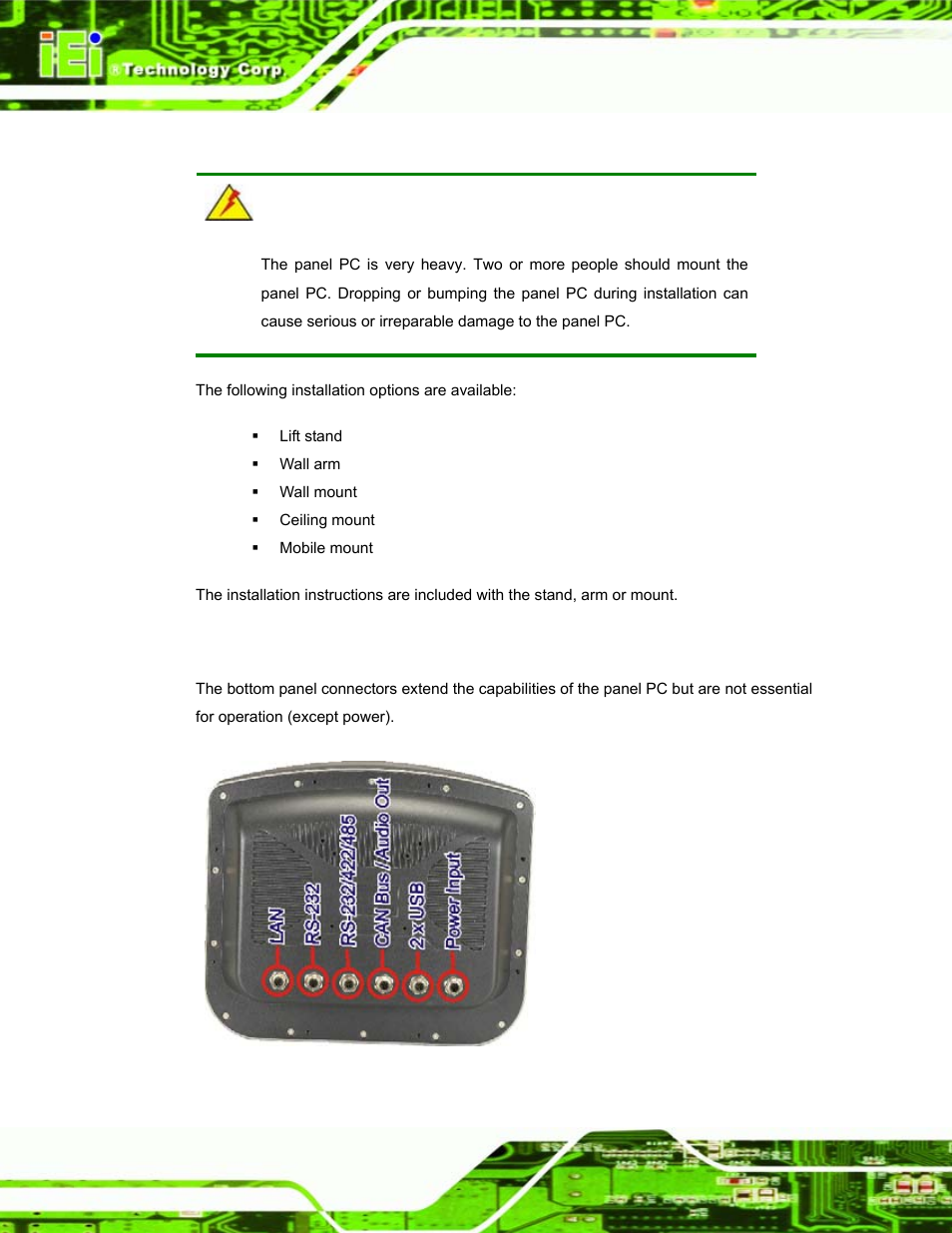 6 mounting the system, 7 bottom panel connectors, Ounting the | Ystem, Ottom, Anel, Onnectors, Figure 3-11: connectors | IEI Integration S12A v1.12 User Manual | Page 34 / 110