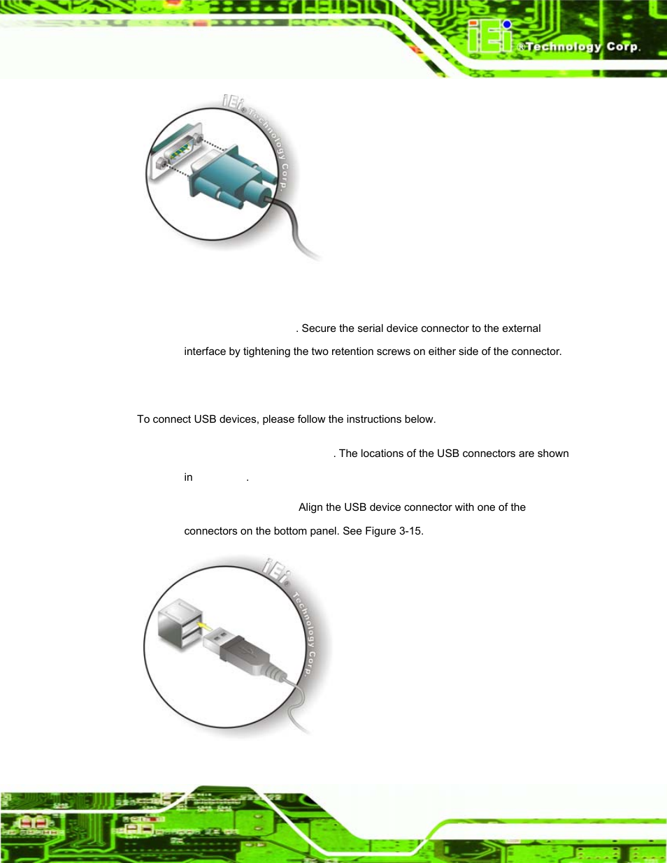 4 usb device cable, Figure 3-14: serial device connector, Figure 3-15: usb device connection | IEI Integration S12A v1.12 User Manual | Page 37 / 110