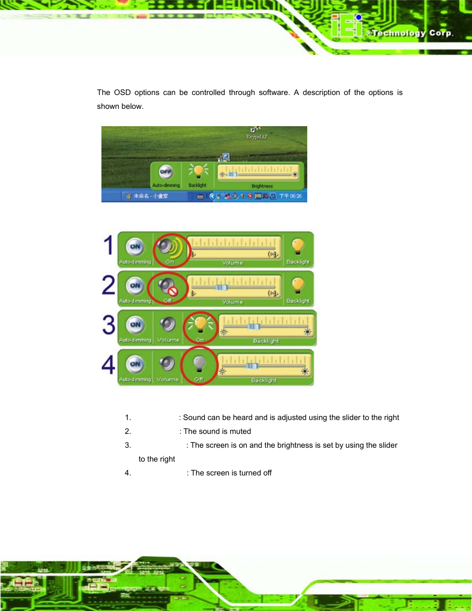 2 osd software, Oftware, Figure 4–2: osd software | Figure 4–3: osd software | IEI Integration S12A v1.12 User Manual | Page 41 / 110