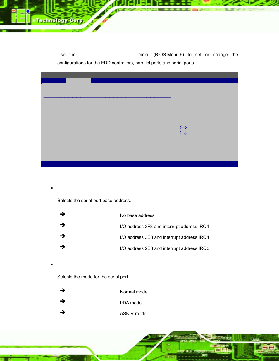 3 super io configuration, Bios menu 6: super io configuration | IEI Integration S12A v1.12 User Manual | Page 54 / 110