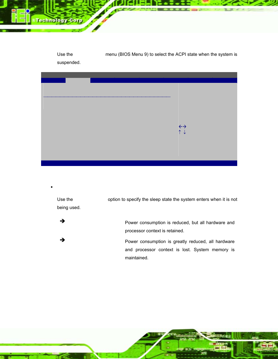 1 acpi settings, Bios menu 9: acpi settings | IEI Integration S12A v1.12 User Manual | Page 60 / 110