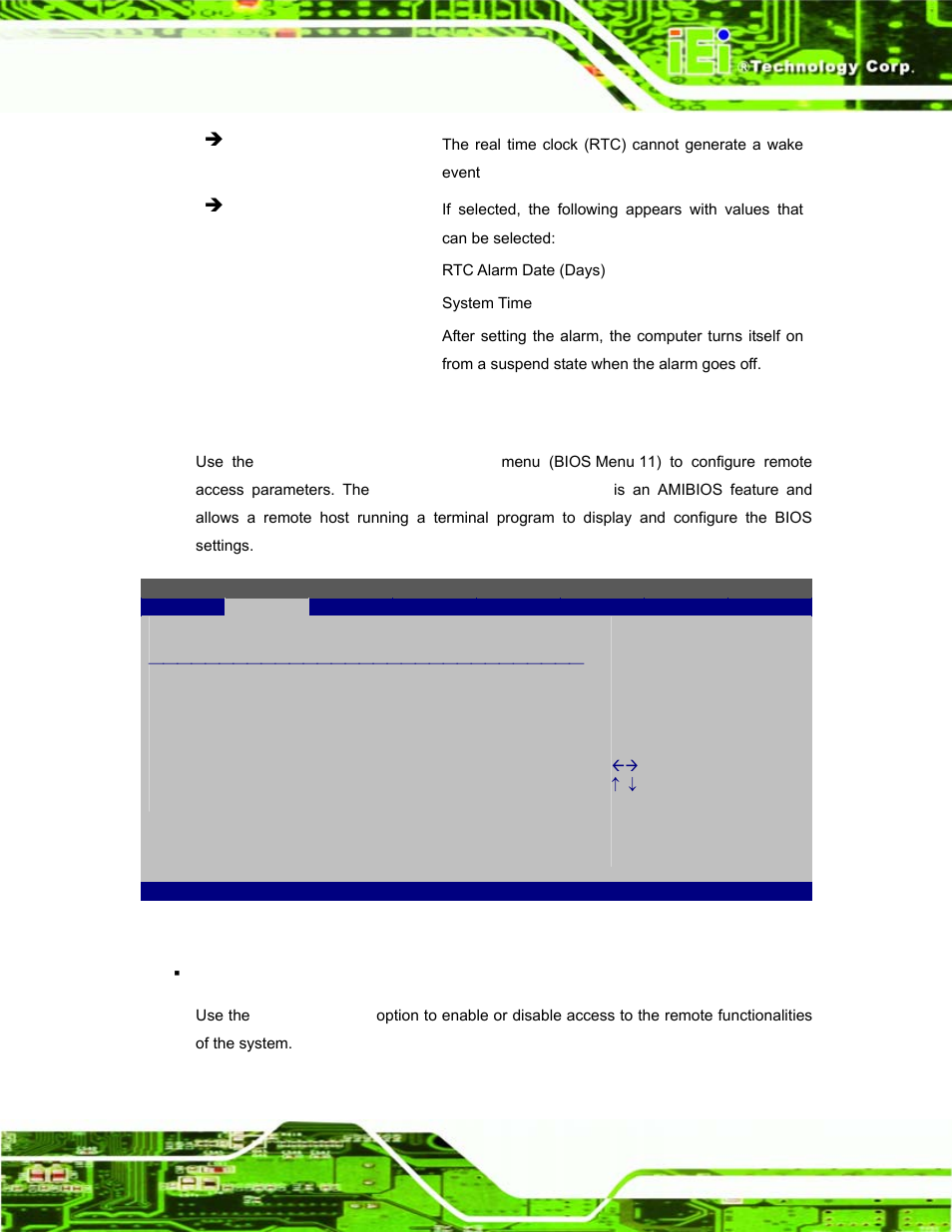 6 remote access configuration, Bios menu 11: remote access configuration | IEI Integration S12A v1.12 User Manual | Page 63 / 110