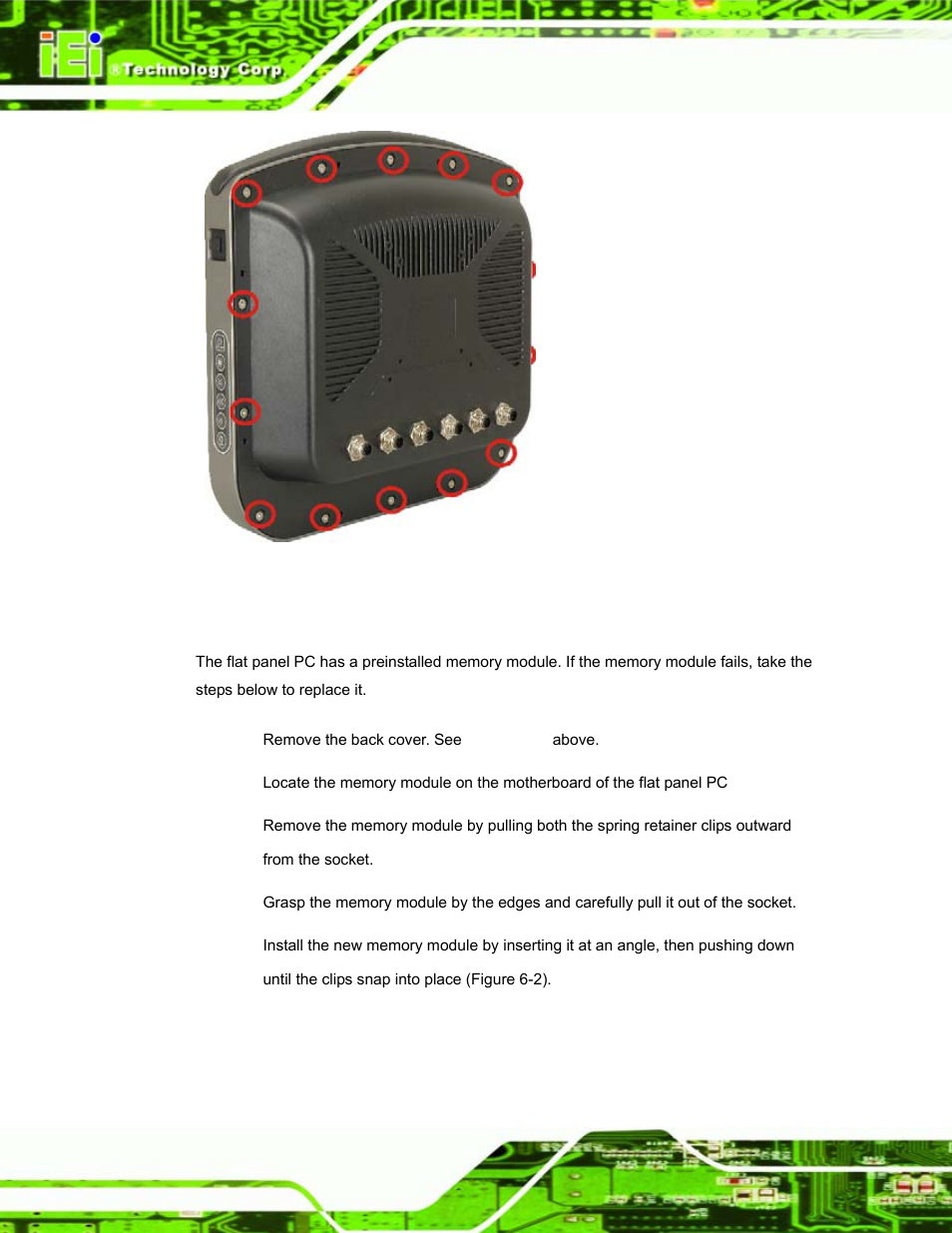 4 memory module replacement, Emory, Odule | Eplacement, Figure 6-1: back cover retention screws | IEI Integration S12A v1.12 User Manual | Page 88 / 110