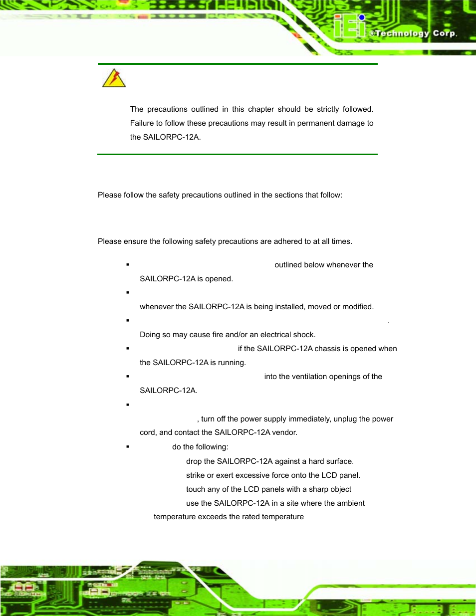 A.1 safety precautions, A.1.1 general safety precautions, Afety | Recautions | IEI Integration S12A v1.12 User Manual | Page 93 / 110
